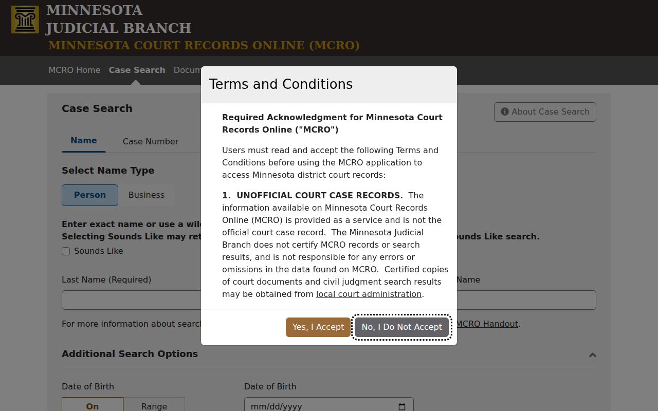 Faribault County case search MCRO Case Search acknowledgment screen