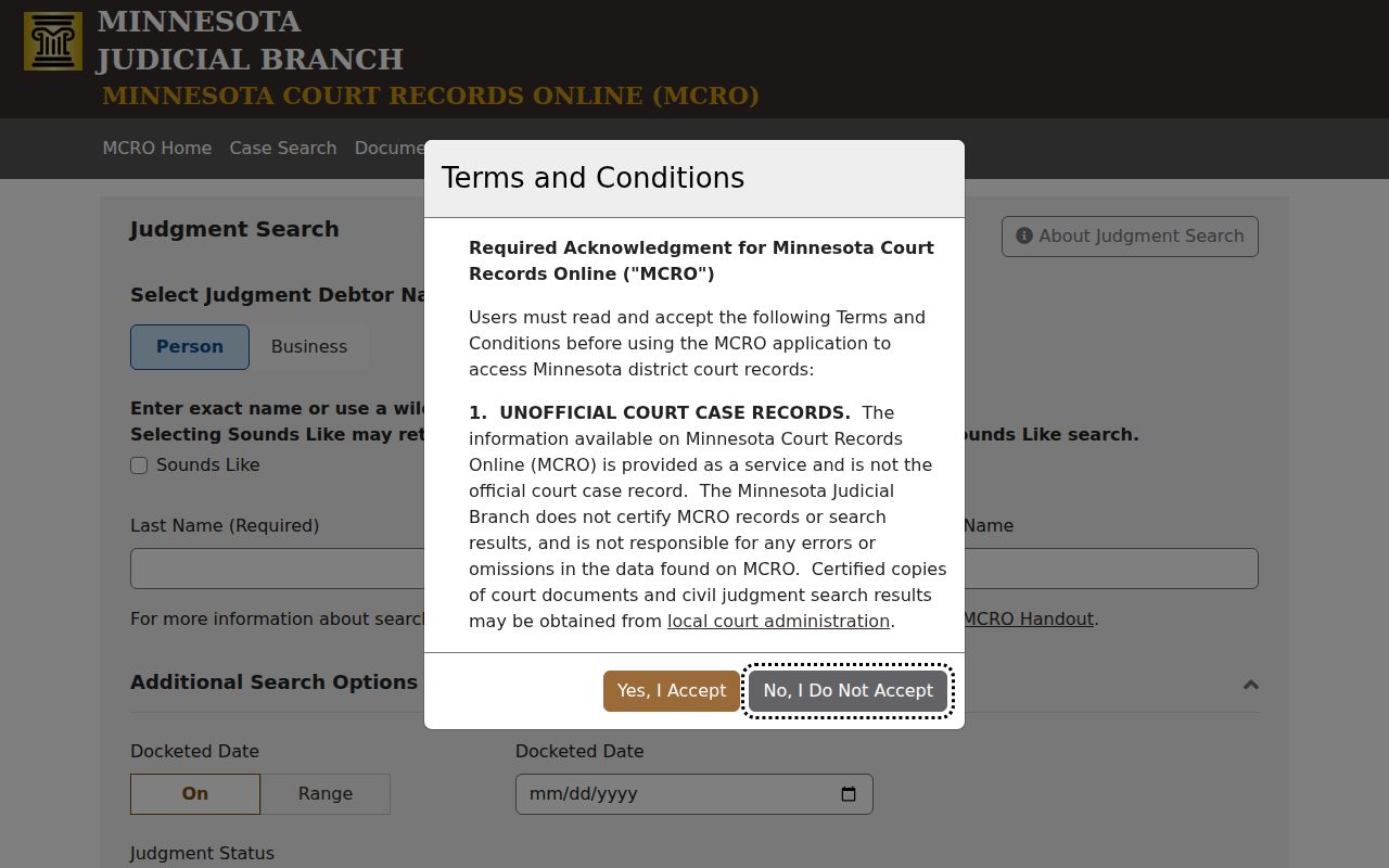 Faribault County case search MCRO Judgment Search acknowledgment screen