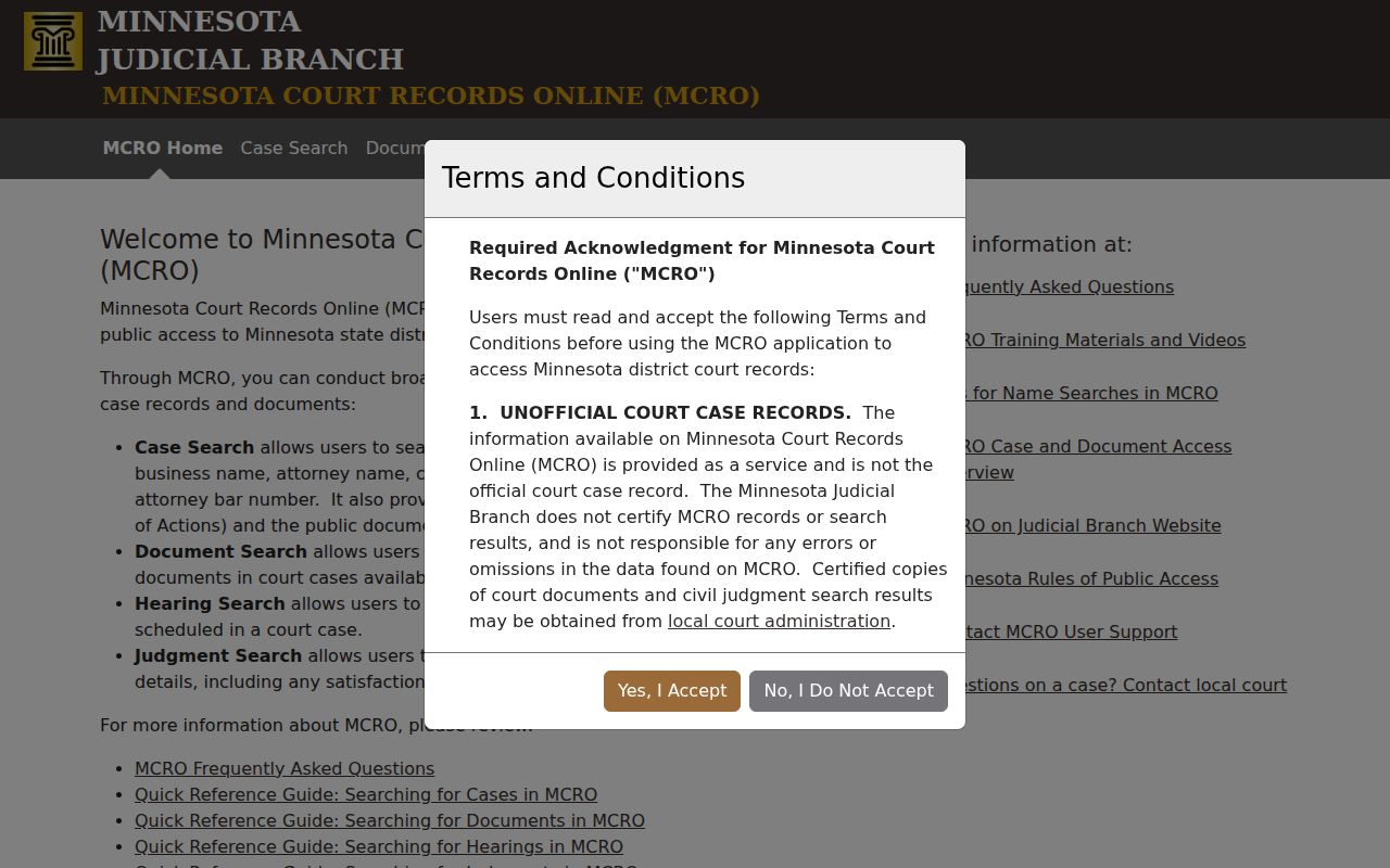 Faribault County case search MCRO public access terms acknowledgment