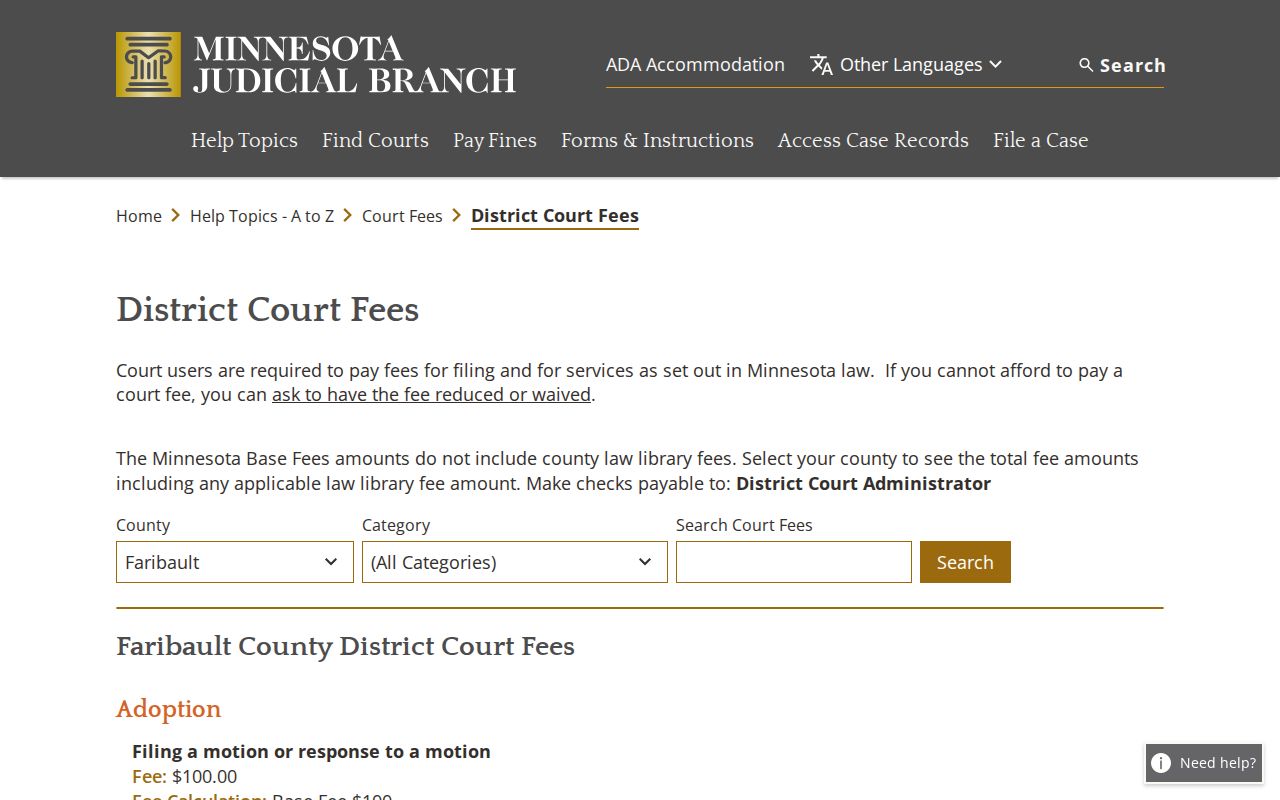 Faribault County civil docket District Court fees source