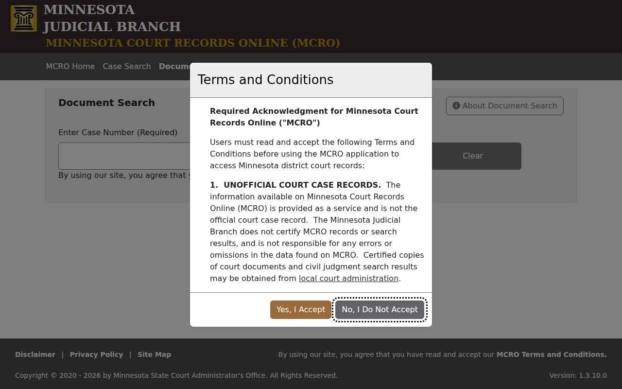 Faribault County civil docket MCRO Document Search interface