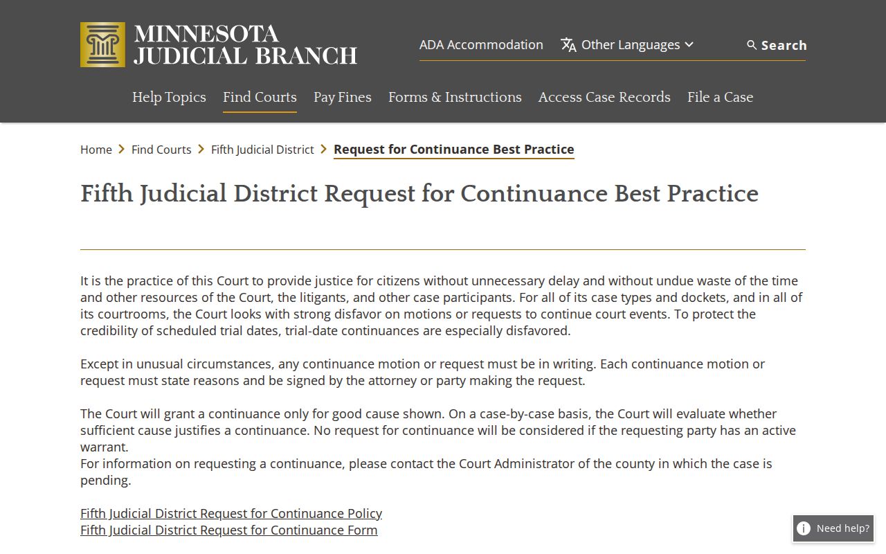 Faribault County court calendar Fifth Judicial District continuance practice