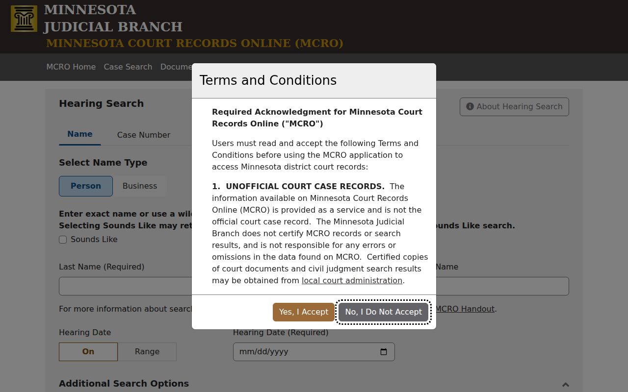 Faribault County court calendar MCRO Hearing Search terms acknowledgment