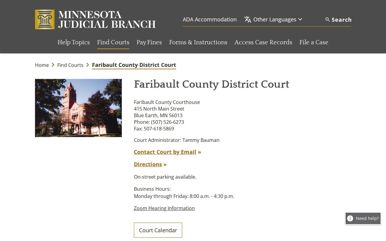 Faribault County court docket District Court contact page