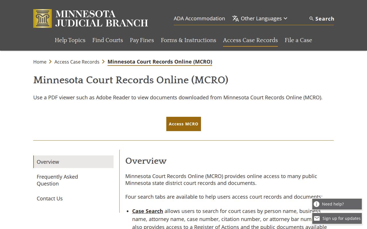 Faribault County court docket MCRO public access overview